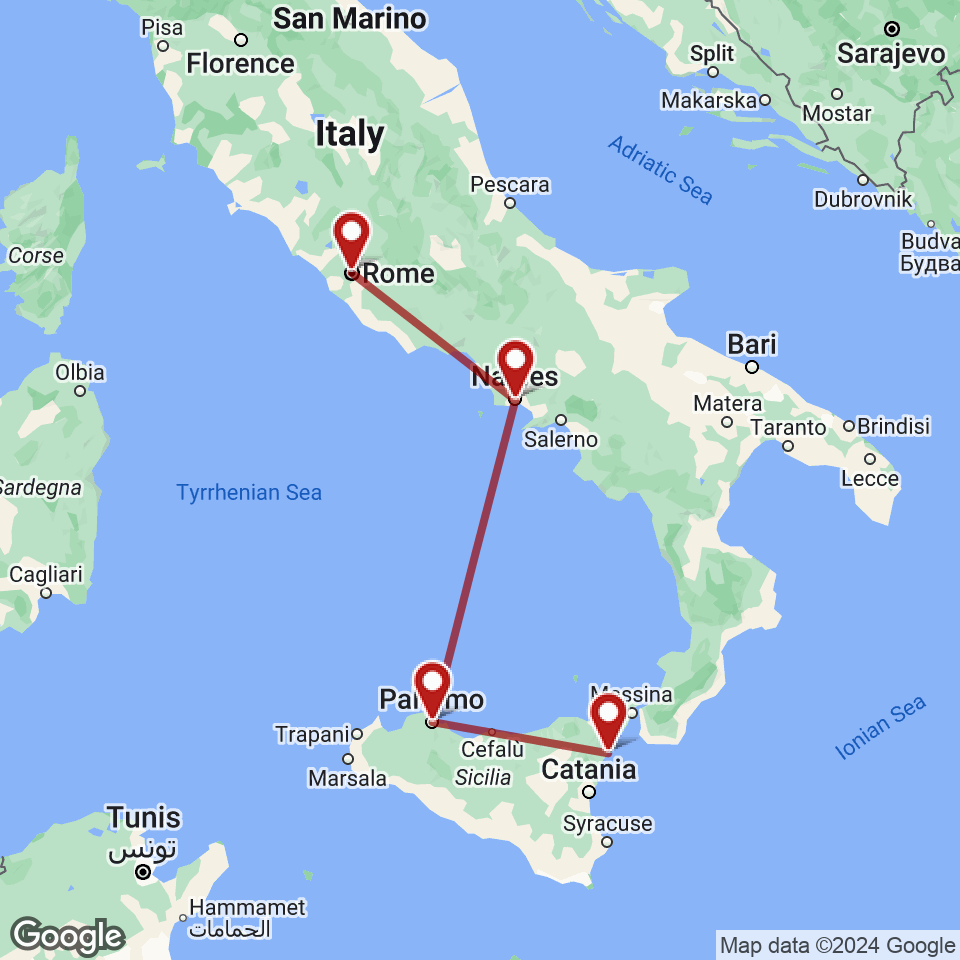 Route for Rome, Naples, Palermo, Taormina tour